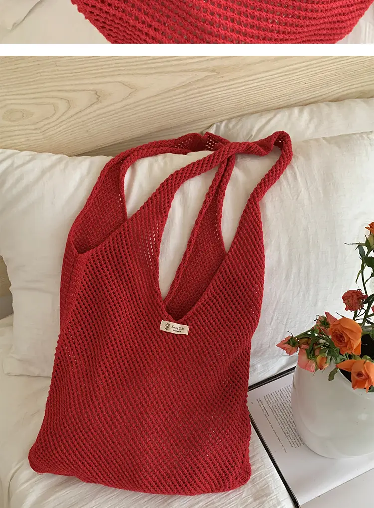 Red Knitted Mesh Shoulder Bag Large Capacity Women — feature 18