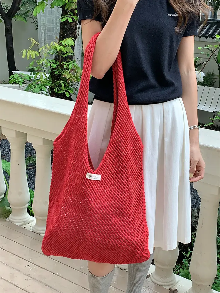 Red Knitted Mesh Shoulder Bag Large Capacity Women — feature 7