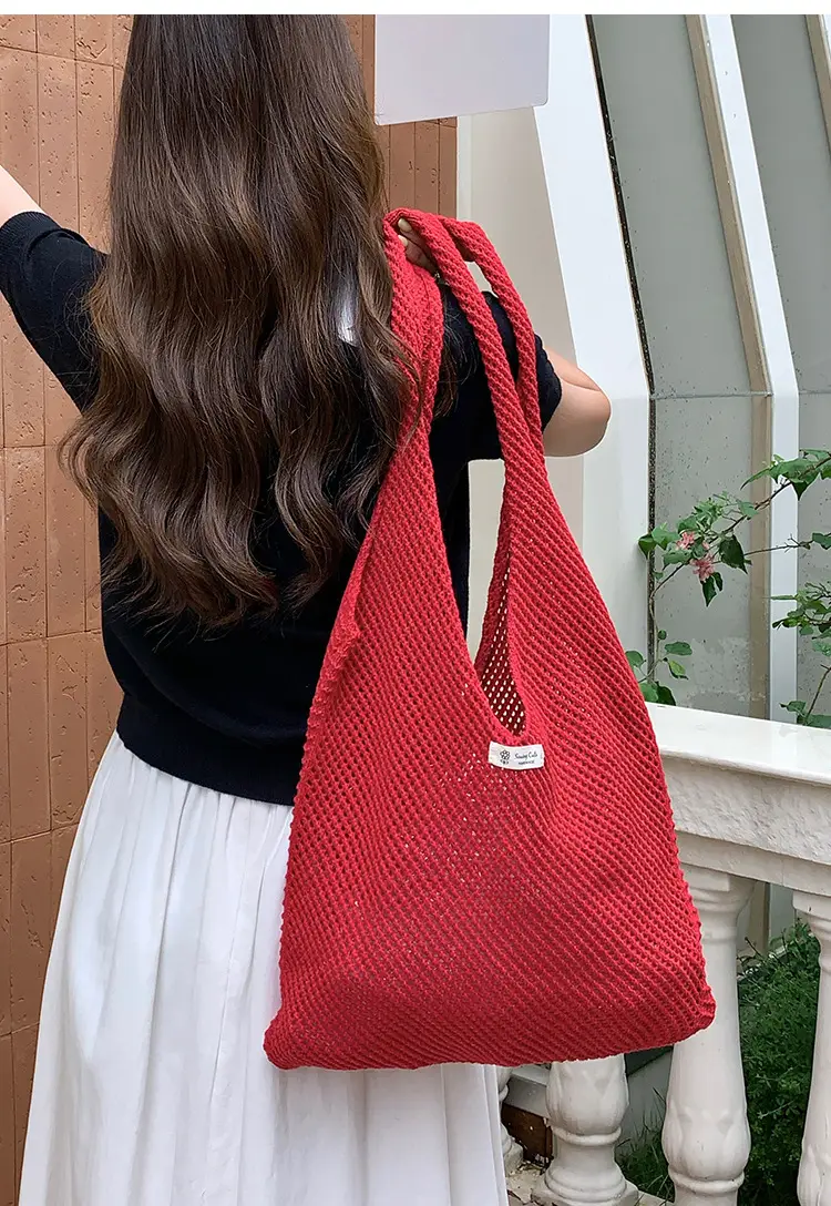 Red Knitted Mesh Shoulder Bag Large Capacity Women — feature 8