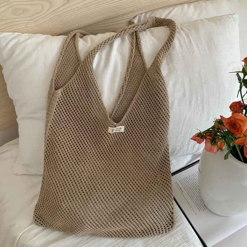 Red Knitted Mesh Shoulder Bag Large Capacity Women - Image 3