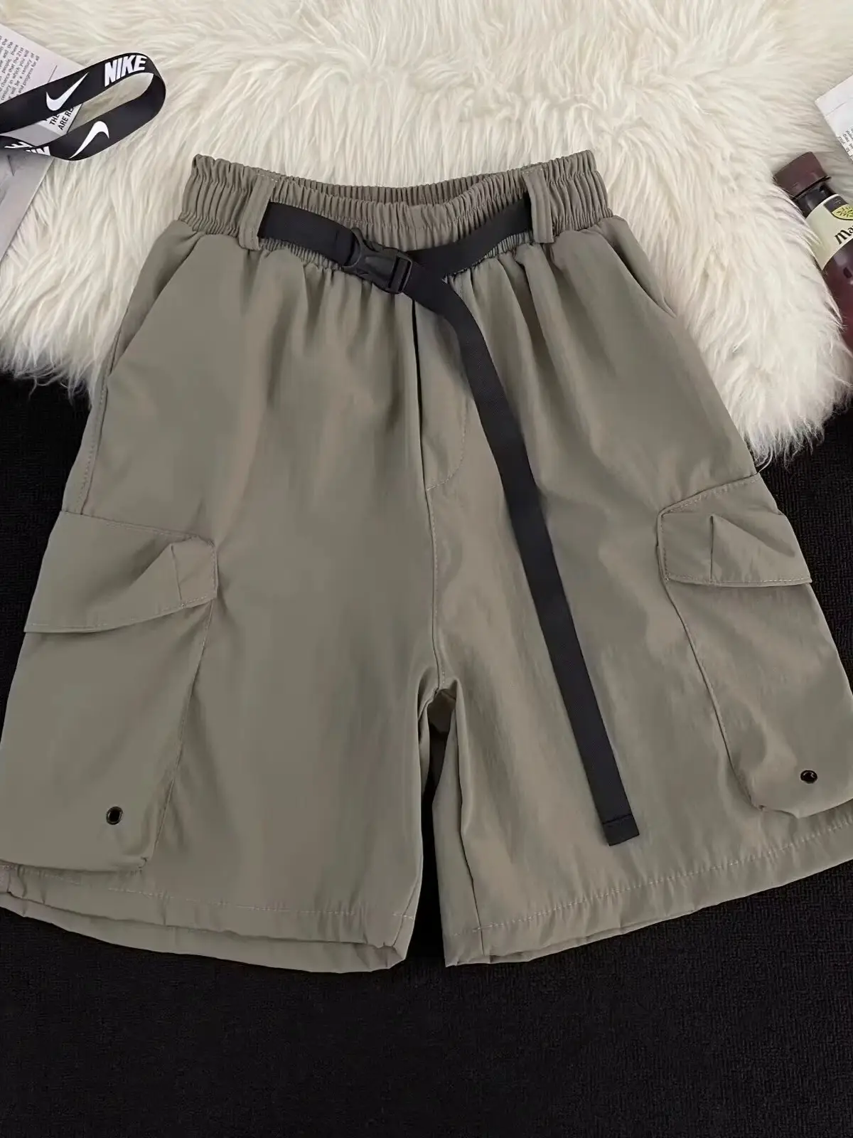 Black Casual Knee-Length Shorts with Elastic Waistband