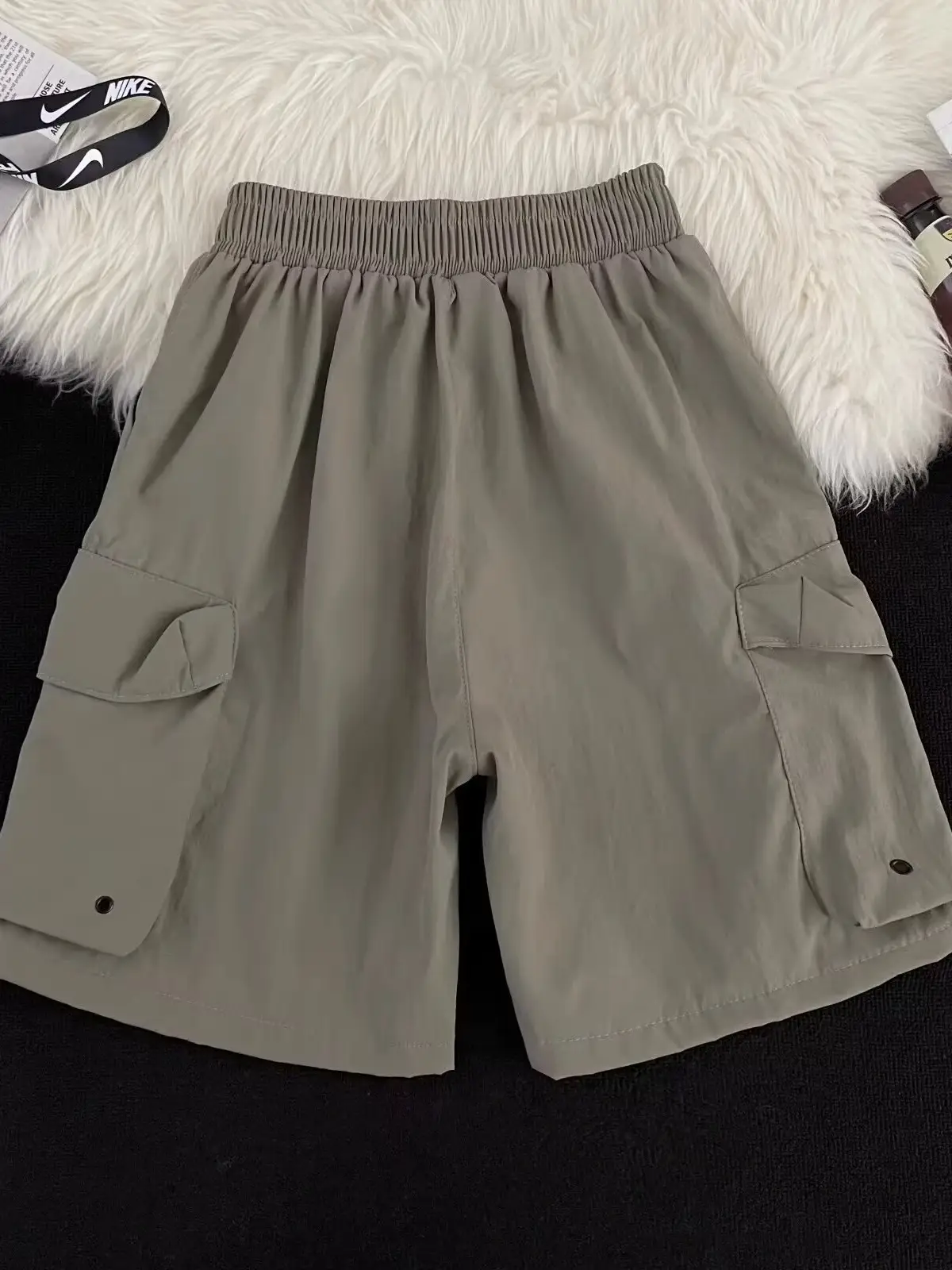 Black Casual Knee-Length Shorts with Elastic Waistband