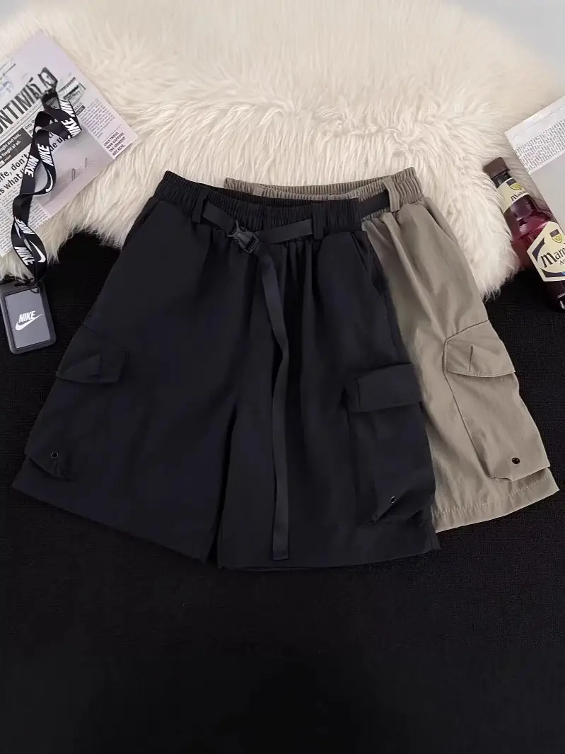Black Casual Knee-Length Shorts with Elastic Waistband