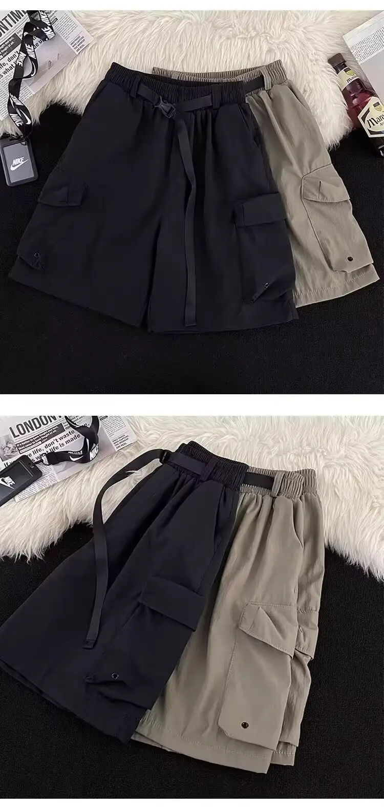 Black Casual Knee-Length Shorts with Elastic Waistband — feature 4