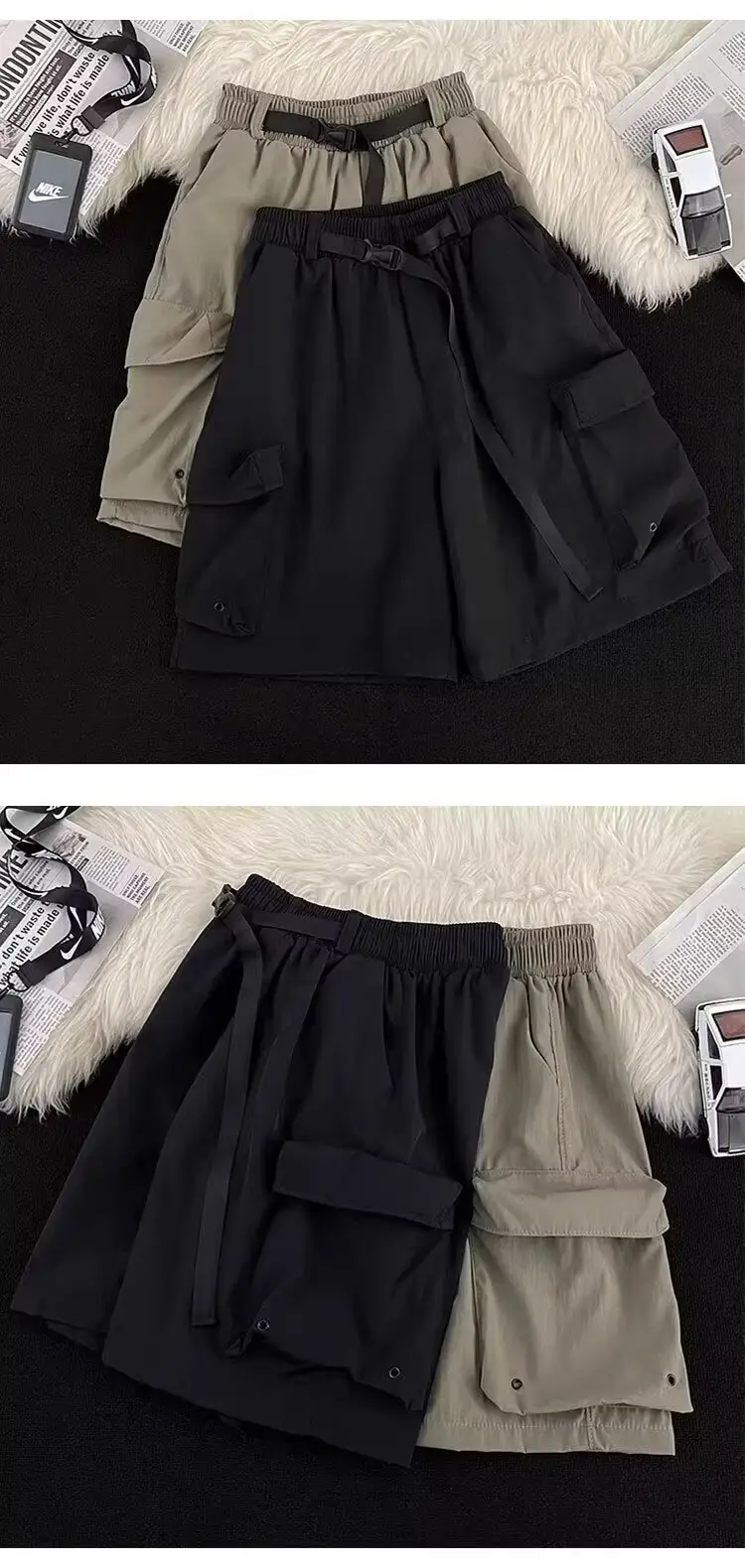 Black Casual Knee-Length Shorts with Elastic Waistband — feature 5