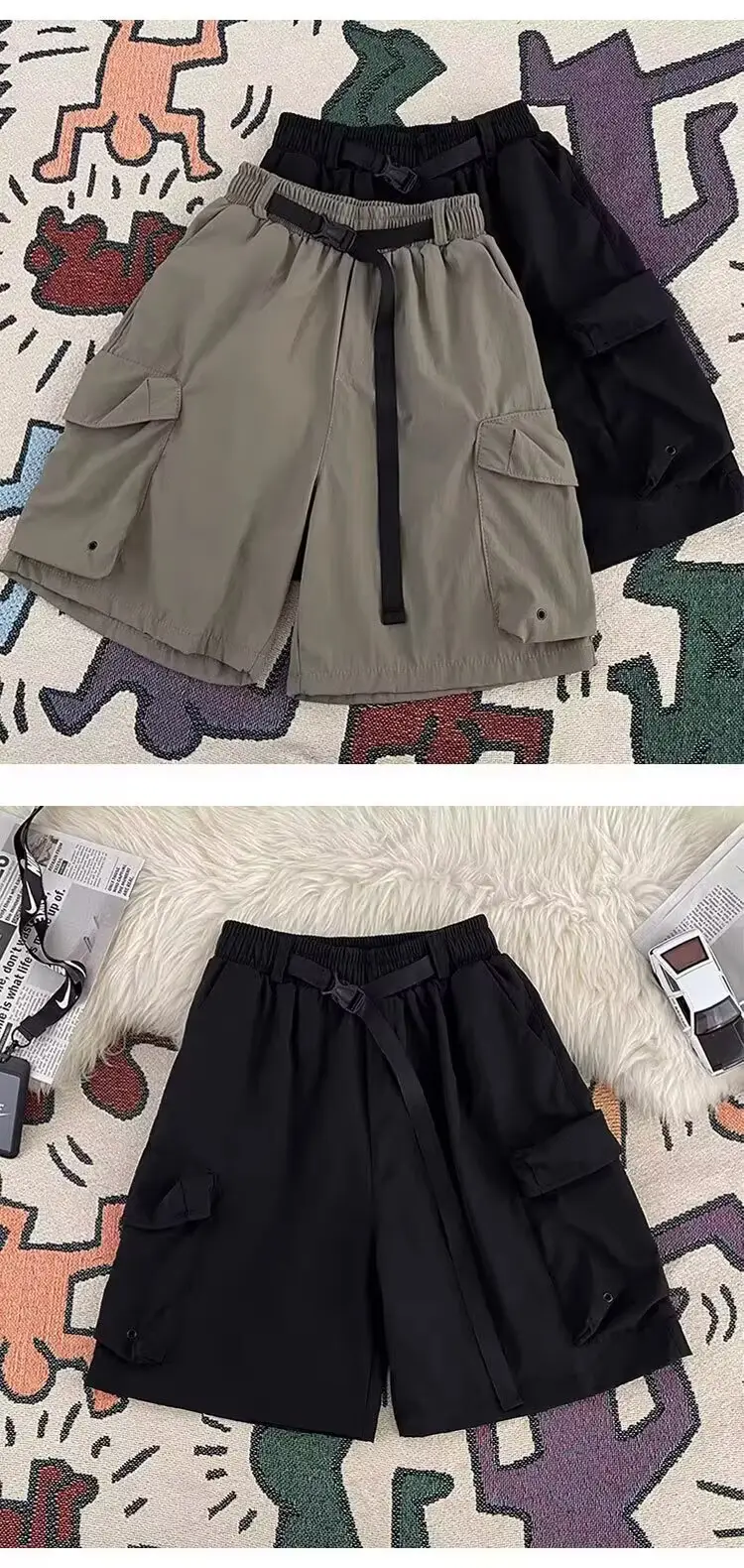 Black Casual Knee-Length Shorts with Elastic Waistband — feature 7