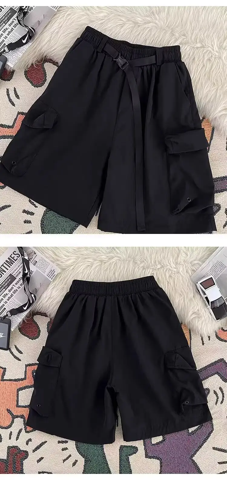 Black Casual Knee-Length Shorts with Elastic Waistband — feature 8
