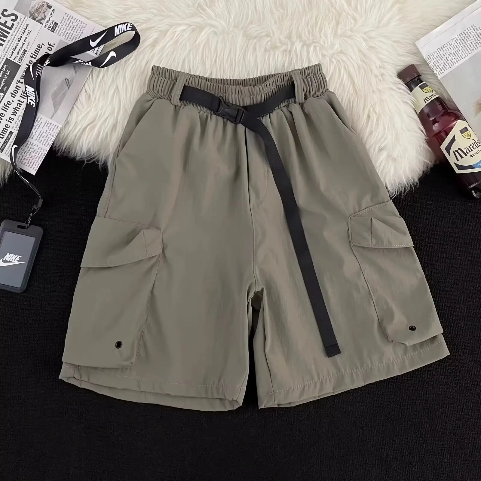 Black Casual Knee-Length Shorts with Elastic Waistband