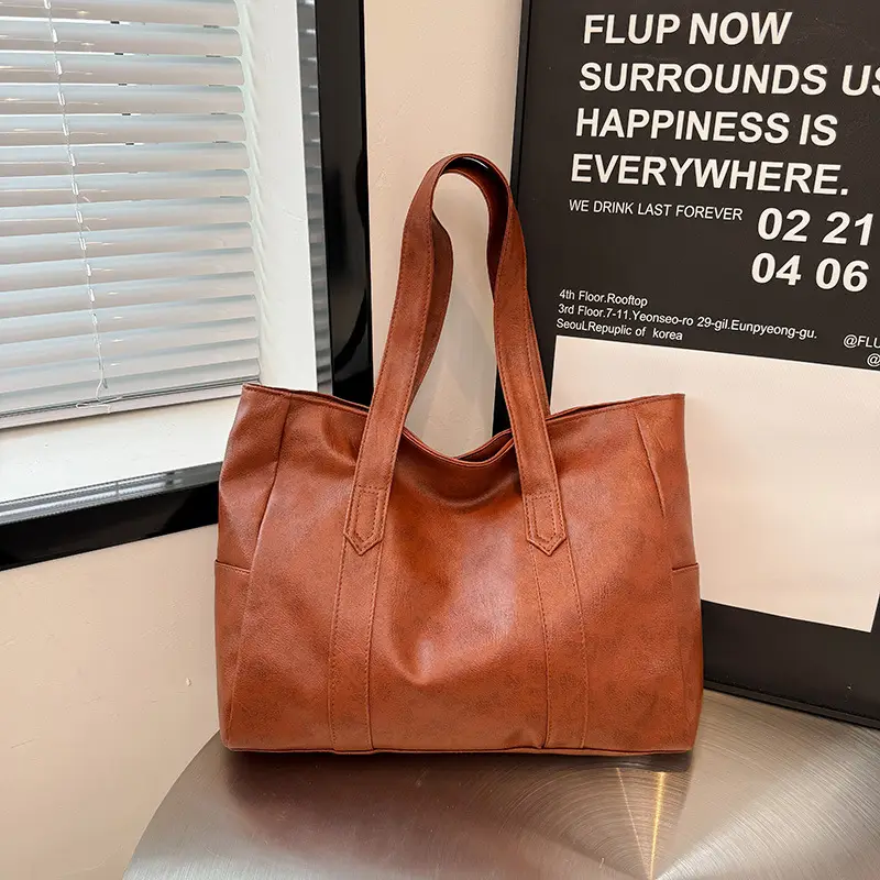 Korean Style Soft Leather Tote Bag Large Capacity Brown - Image 7