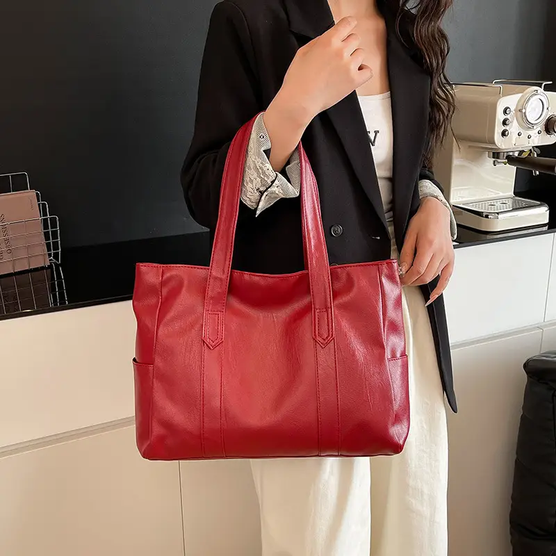 Korean Style Soft Leather Tote Bag Large Capacity Brown - Image 9
