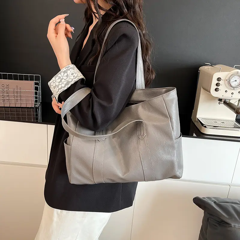 Korean Style Soft Leather Tote Bag Large Capacity Brown - Image 10