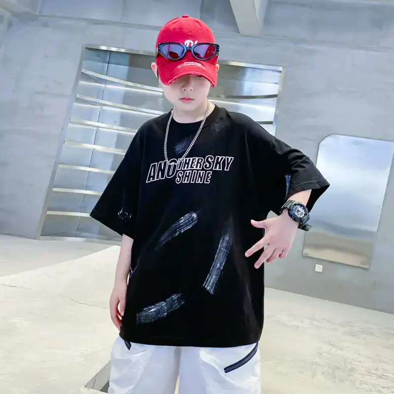 Boys Black Cotton Loose T-Shirt 2026 Summer - Image 3