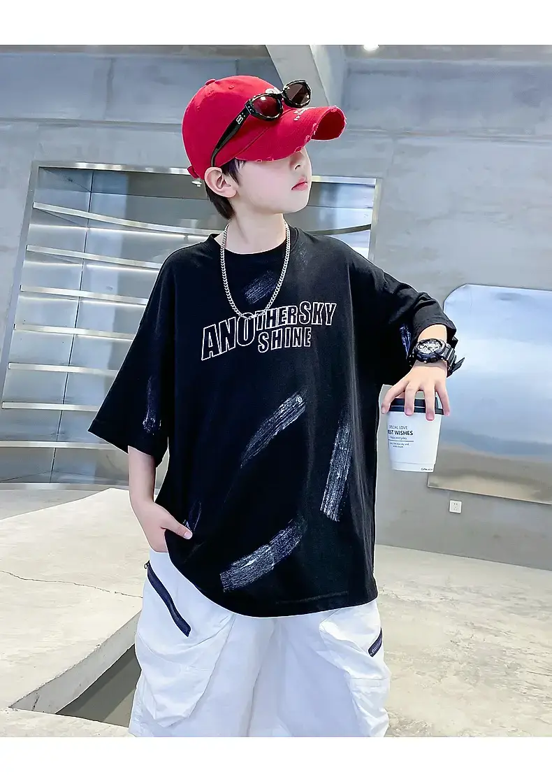 Boys Black Cotton Loose T-Shirt 2026 Summer — feature 12