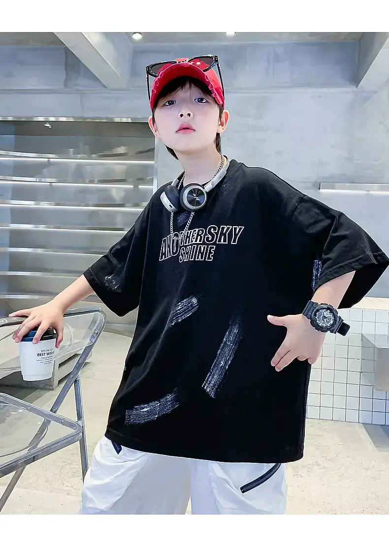 Boys Black Cotton Loose T-Shirt 2026 Summer — feature 13