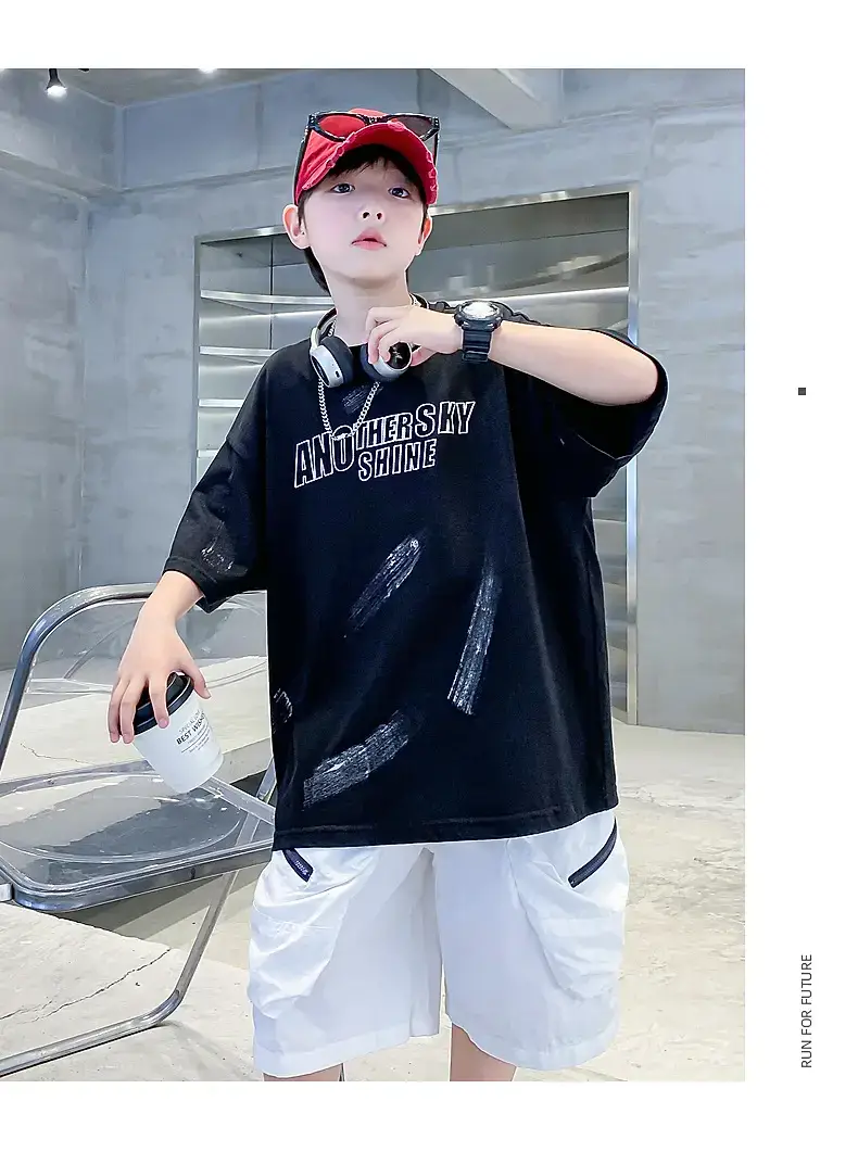 Boys Black Cotton Loose T-Shirt 2026 Summer — feature 9
