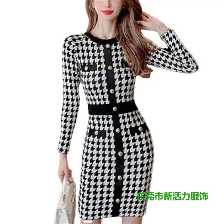 Tweed Style Color-Blocked Single-Breasted Tight Sweater Dress with Waist-Cinching Cross-Border Spring Socialite Inner Layering Knitted Dress