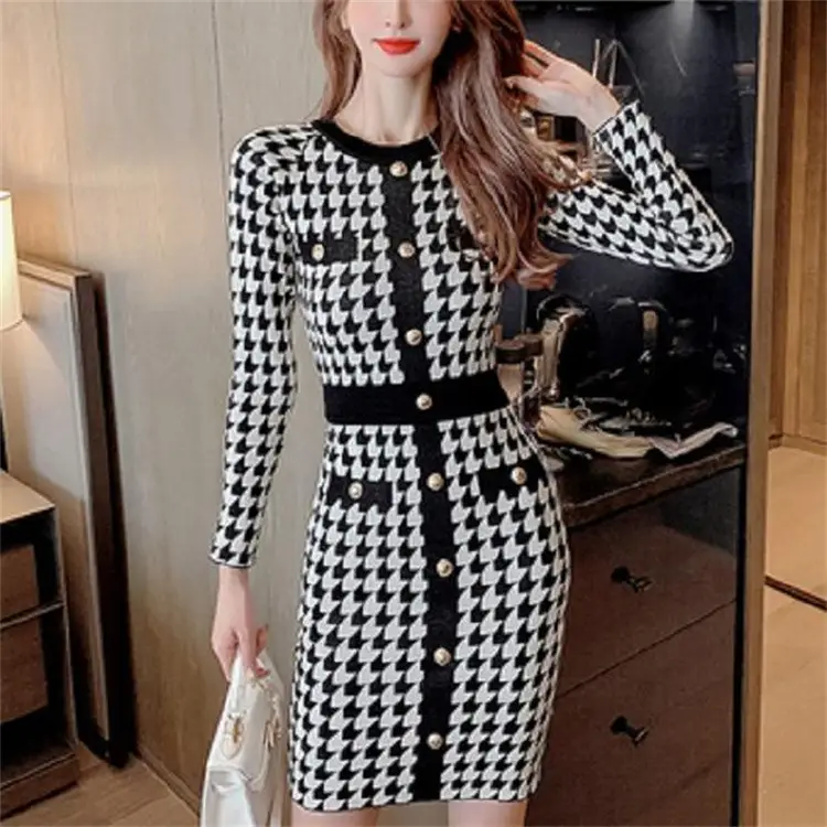 Tweed Style Color-Blocked Single-Breasted Tight Sweater Dress with Waist-Cinching Cross-Border Spring Socialite Inner Layering Knitted Dress — feature 1