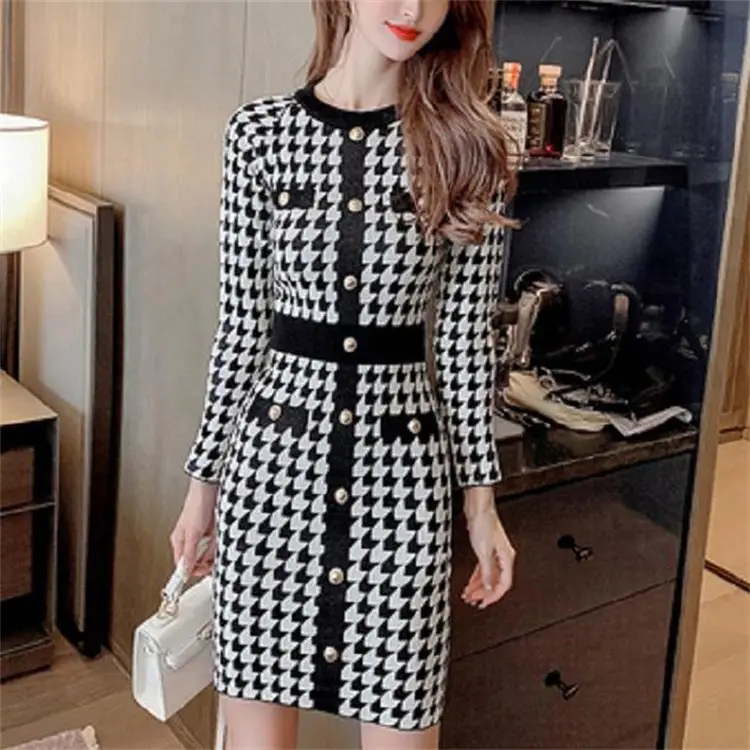 Tweed Style Color-Blocked Single-Breasted Tight Sweater Dress with Waist-Cinching Cross-Border Spring Socialite Inner Layering Knitted Dress — feature 2
