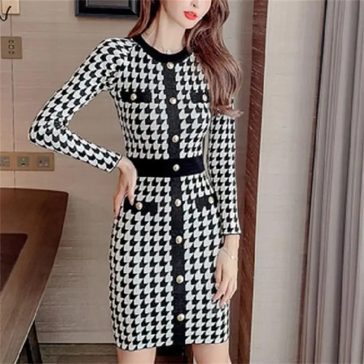 Tweed Style Color-Blocked Single-Breasted Tight Sweater Dress with Waist-Cinching Cross-Border Spring Socialite Inner Layering Knitted Dress — feature 3