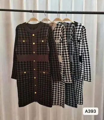 Tweed Style Color-Blocked Single-Breasted Tight Sweater Dress with Waist-Cinching Cross-Border Spring Socialite Inner Layering Knitted Dress