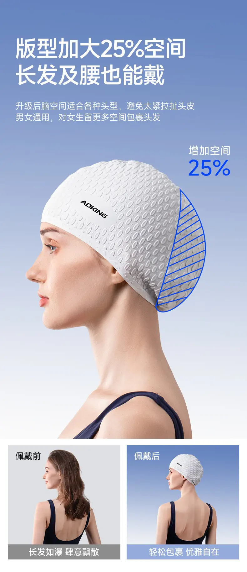 Swimming Cap Women's Long Hair Plus Large Adult Waterproof Big Head Adult Men's Professional Silicone Swimming Cap — feature 5