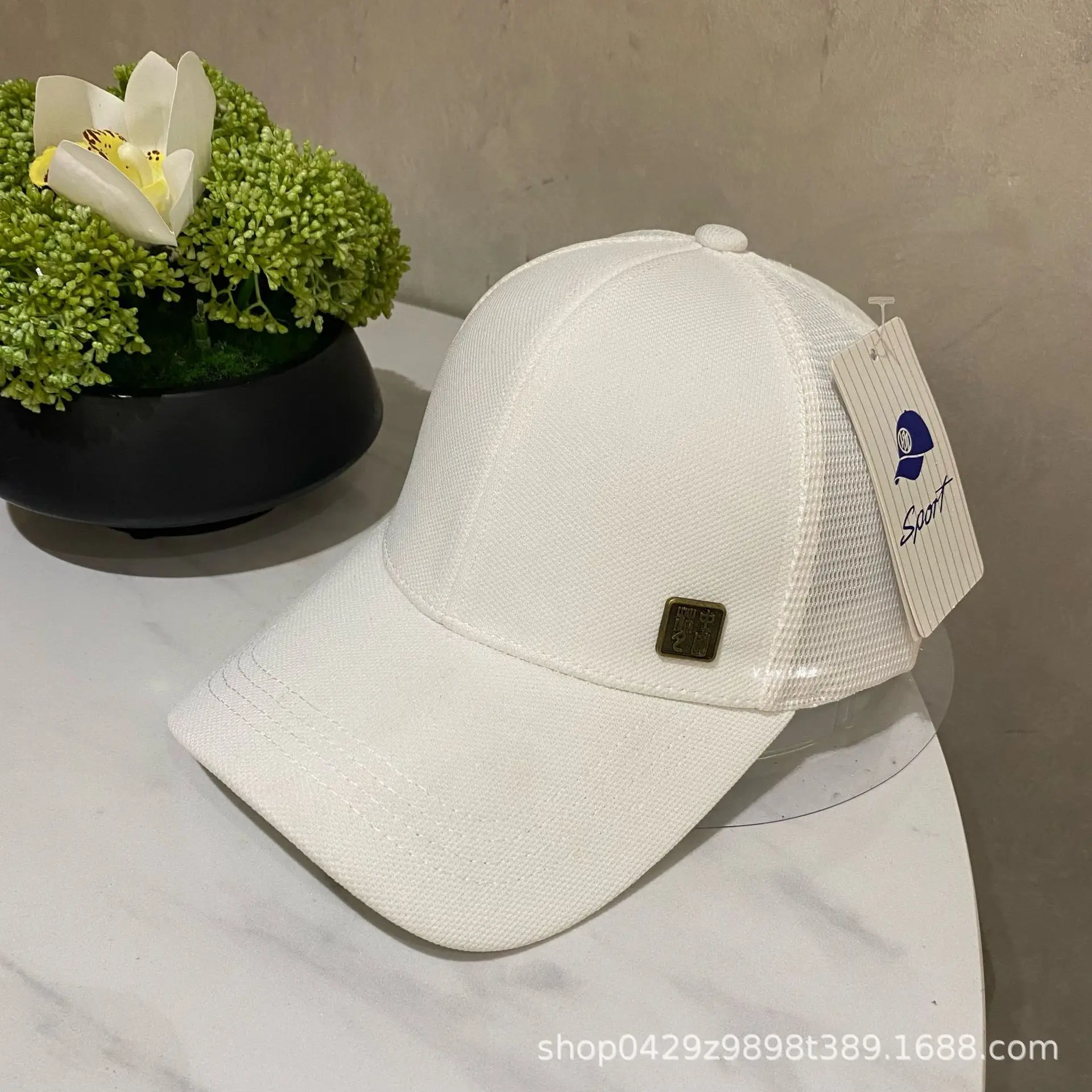 Men's White Mesh Baseball Cap with Brand Tag - Image 2