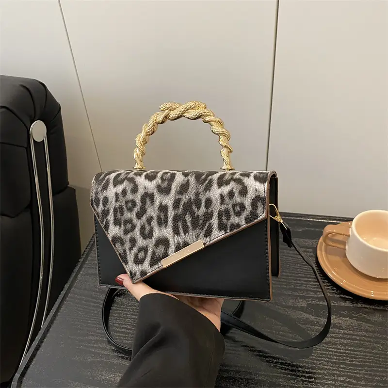 Leopard Print Shoulder Bag with Chain Handle Brown - Image 6