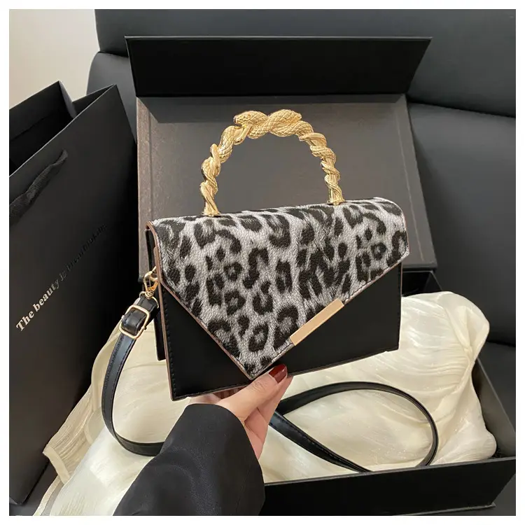 Leopard Print Shoulder Bag with Chain Handle Brown — feature 22
