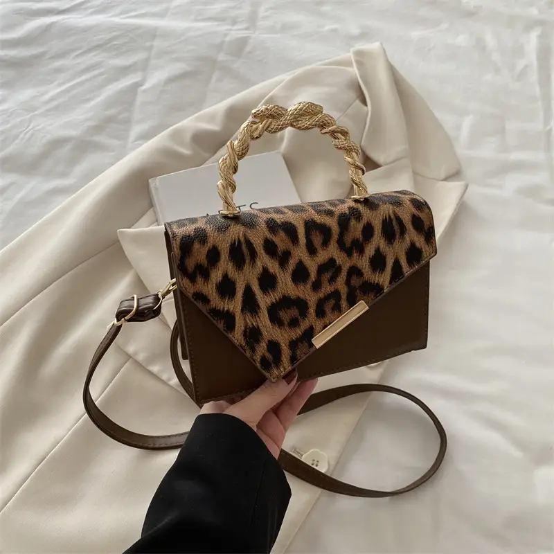 Leopard Print Shoulder Bag with Chain Handle Brown - Image 3