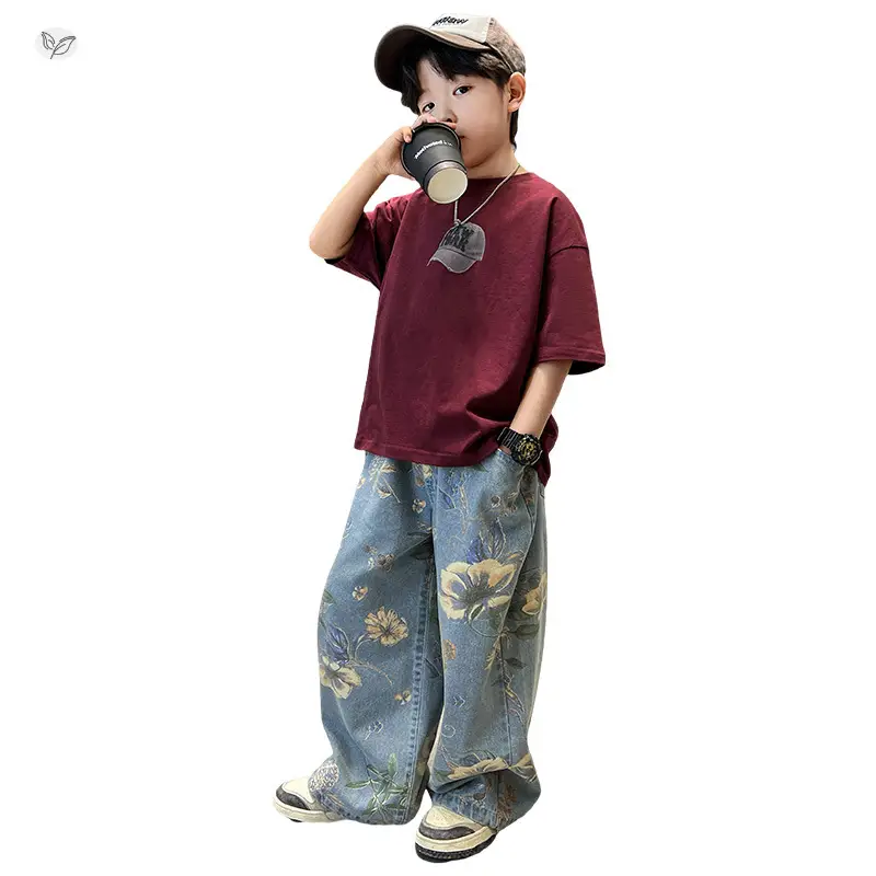 Boys Printed T-Shirt & Floral Jeans 2-Piece Set