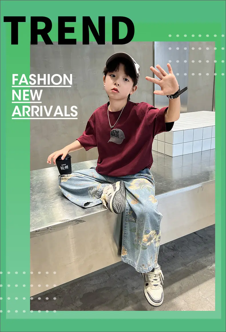 Boys Printed T-Shirt & Floral Jeans 2-Piece Set — feature 2