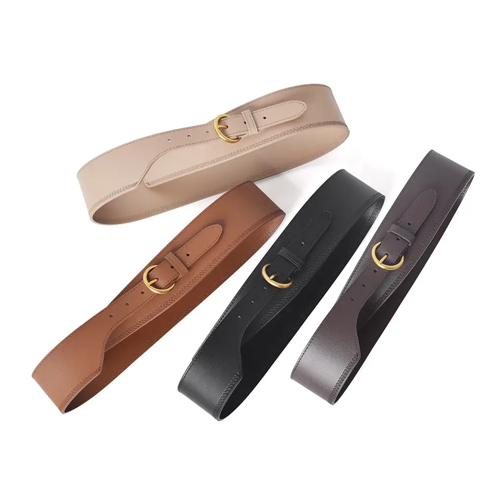 Women's Beige Genuine Leather Belt with Gold Buckle