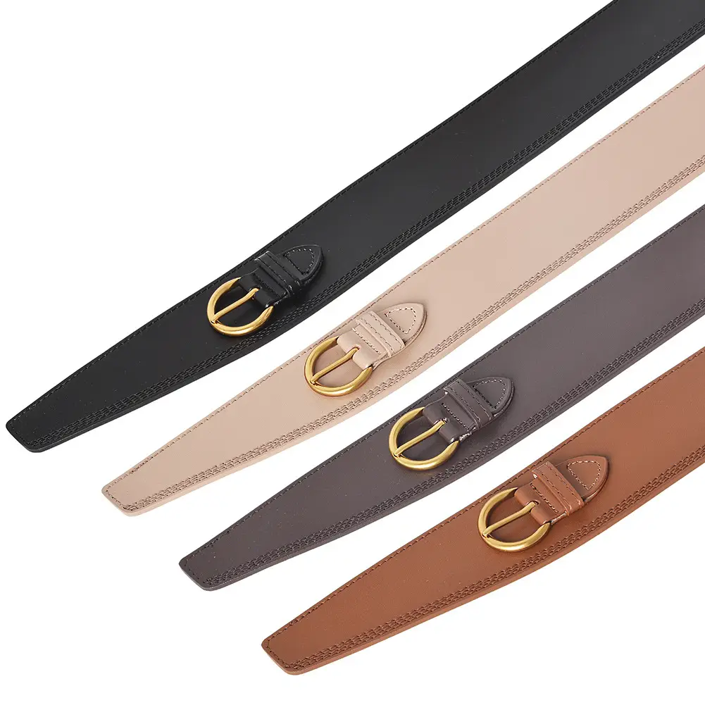 Women's Beige Genuine Leather Belt with Gold Buckle