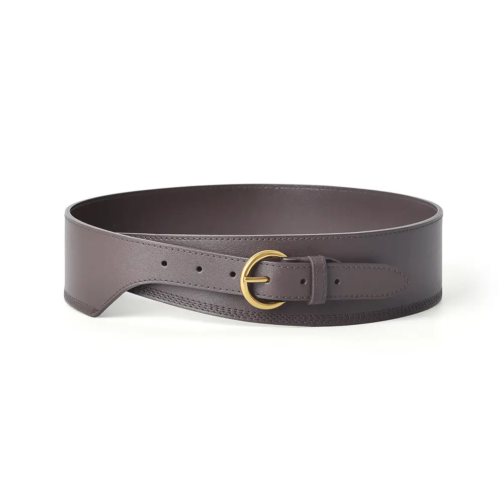 Women's Beige Genuine Leather Belt with Gold Buckle