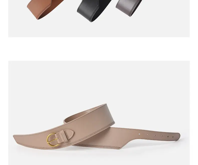Women's Beige Genuine Leather Belt with Gold Buckle — feature 10