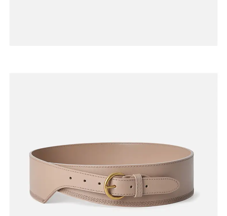 Women's Beige Genuine Leather Belt with Gold Buckle — feature 11
