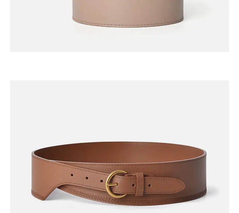 Women's Beige Genuine Leather Belt with Gold Buckle — feature 13