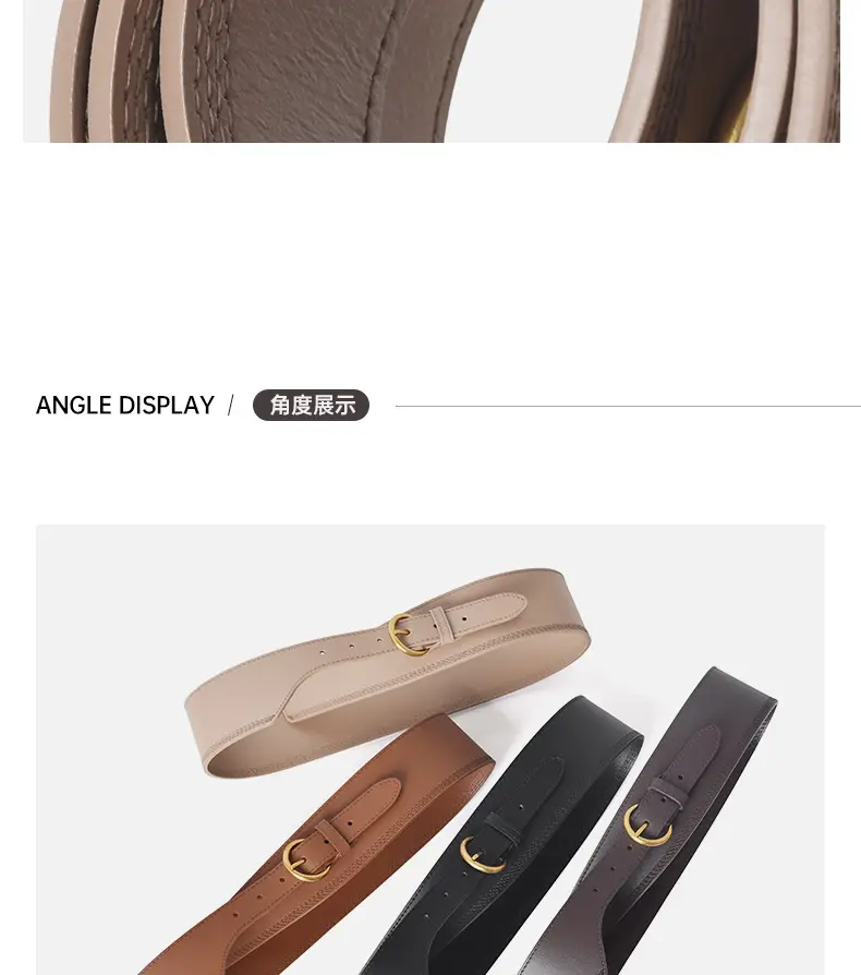 Women's Beige Genuine Leather Belt with Gold Buckle — feature 9