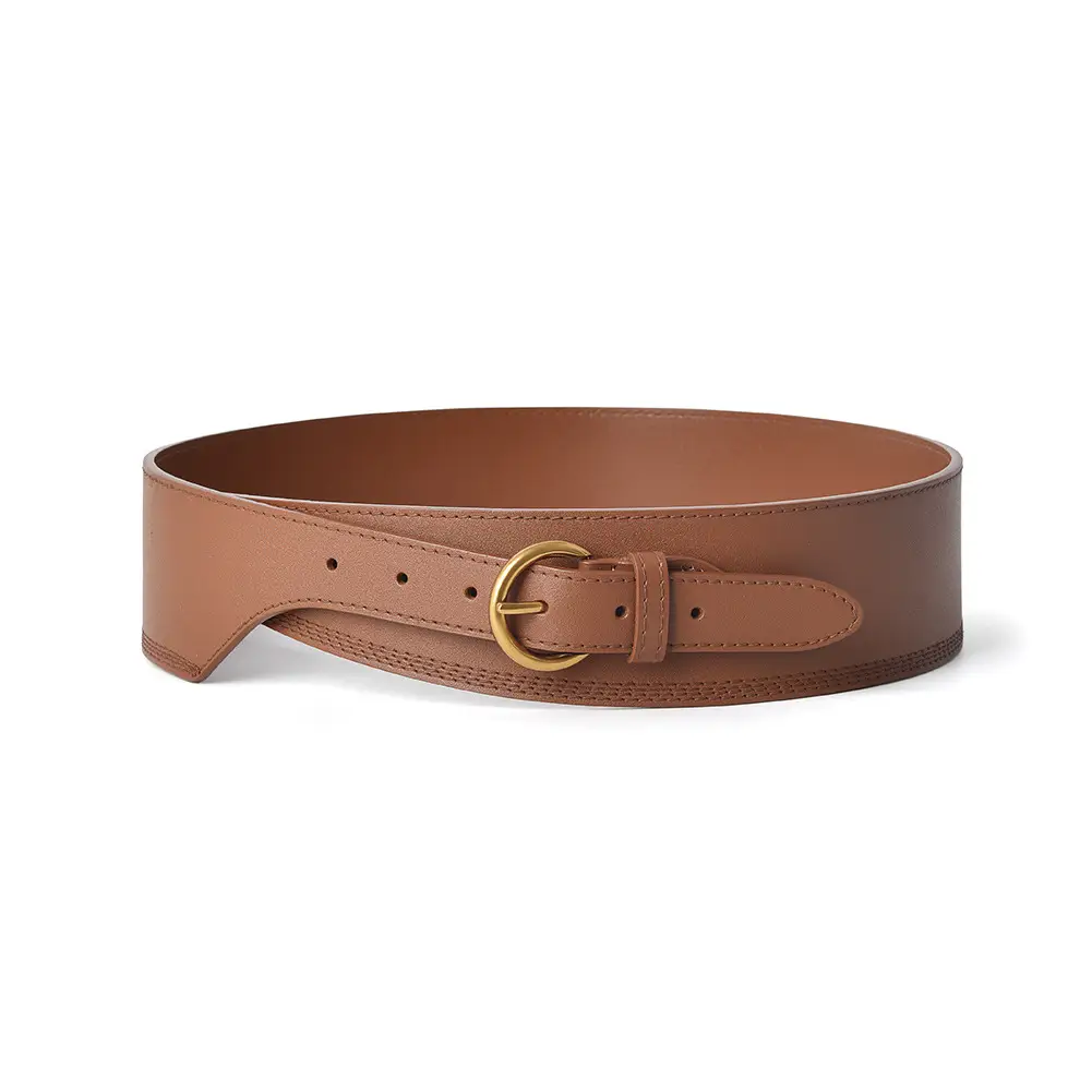 Women's Beige Genuine Leather Belt with Gold Buckle