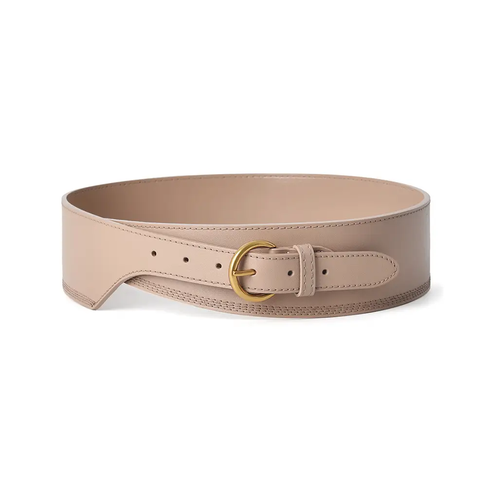 Women's Beige Genuine Leather Belt with Gold Buckle