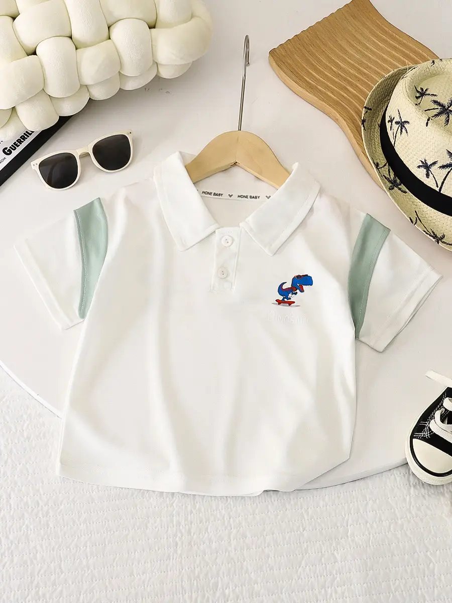 Boys Polo T-Shirt White Green Dinosaur Print 2025 - Image 3