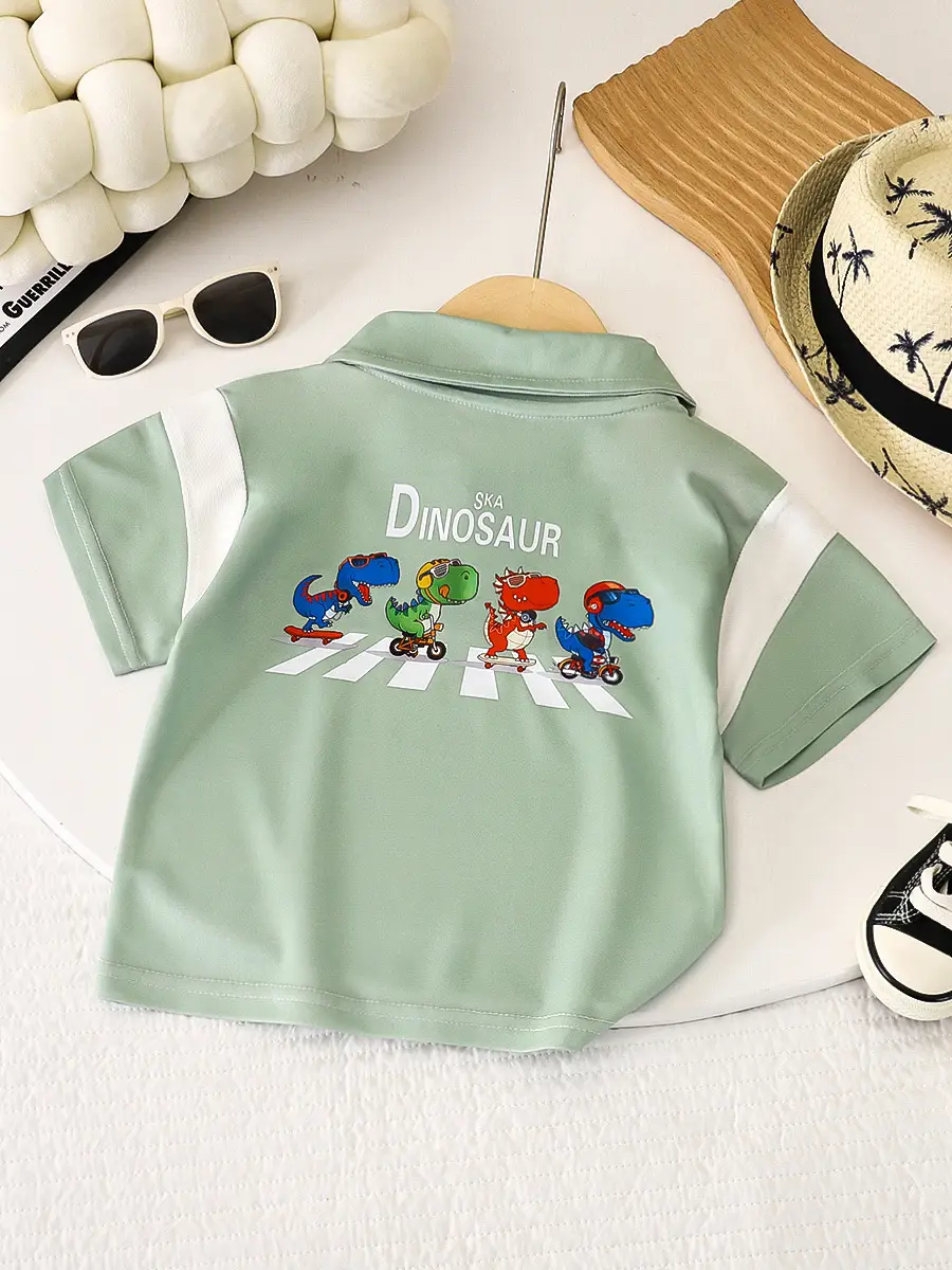 Boys Polo T-Shirt White Green Dinosaur Print 2025 - Image 5