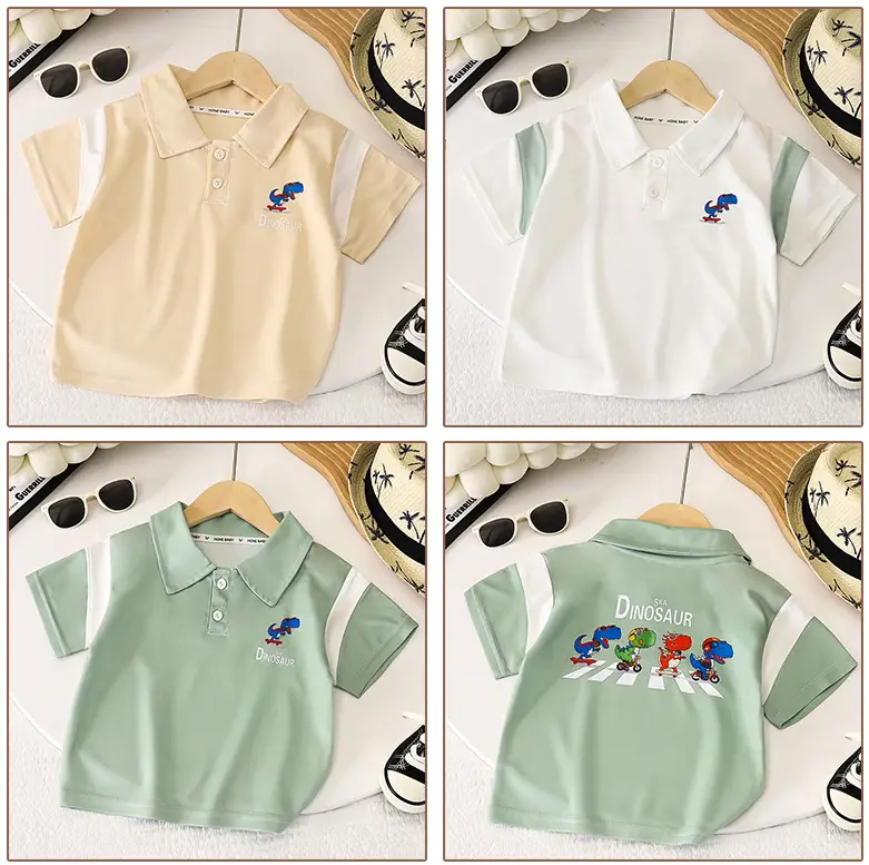 Boys Polo T-Shirt White Green Dinosaur Print 2025 β feature 13