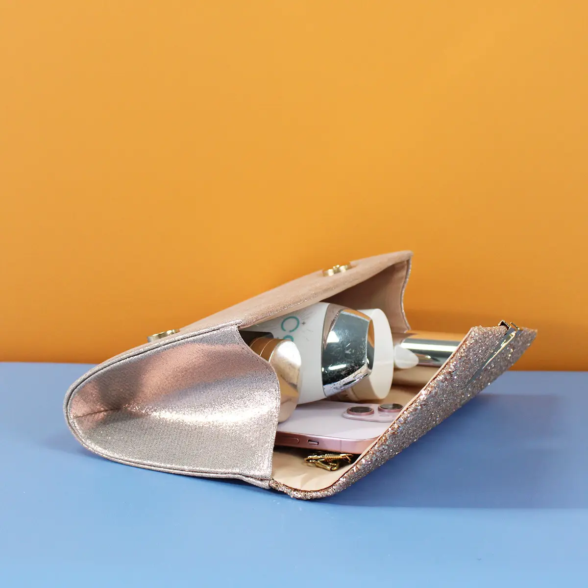 Silver Glitter Flip Clutch Bag with Chain Strap - Image 3