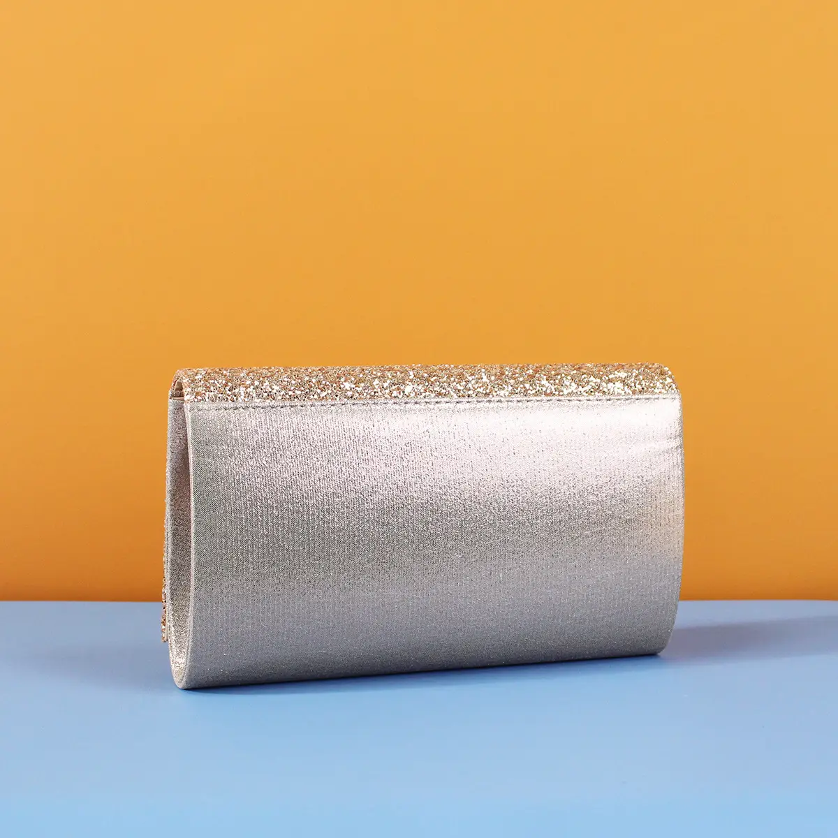 Silver Glitter Flip Clutch Bag with Chain Strap - Image 4