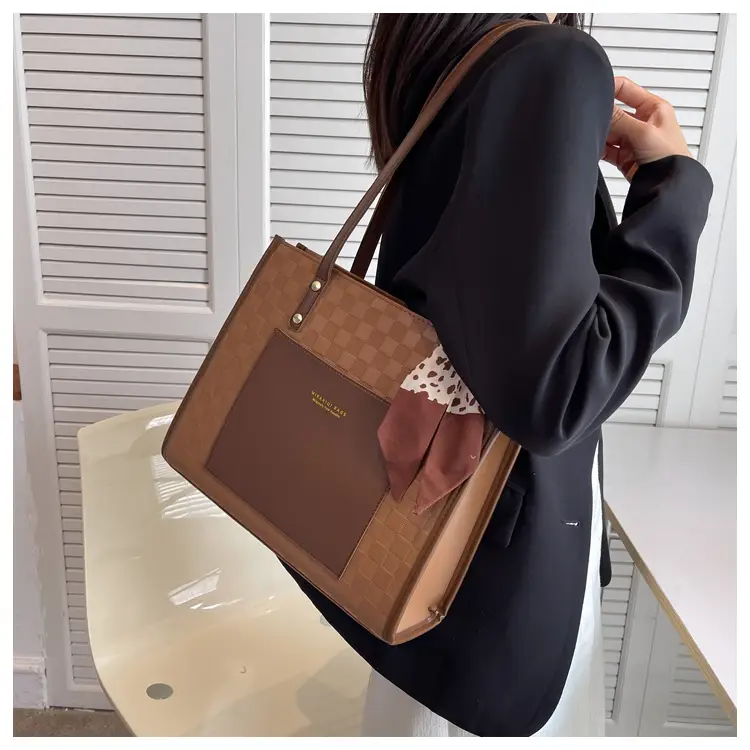 Women Spliced Plaid Shoulder Bag Brown Cream Large Capacity — feature 12