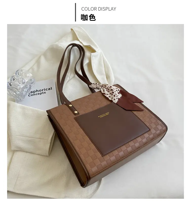 Women Spliced Plaid Shoulder Bag Brown Cream Large Capacity — feature 23