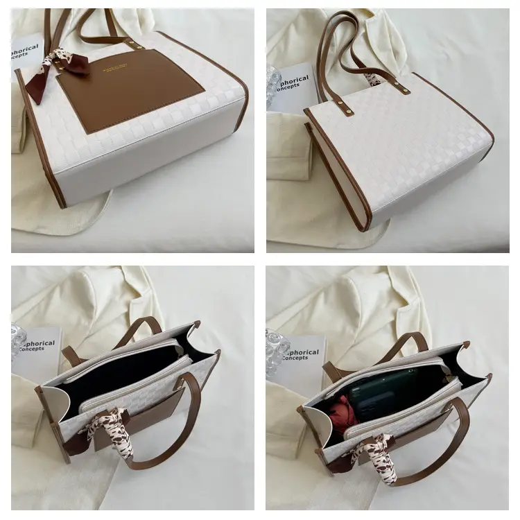 Women Spliced Plaid Shoulder Bag Brown Cream Large Capacity — feature 8