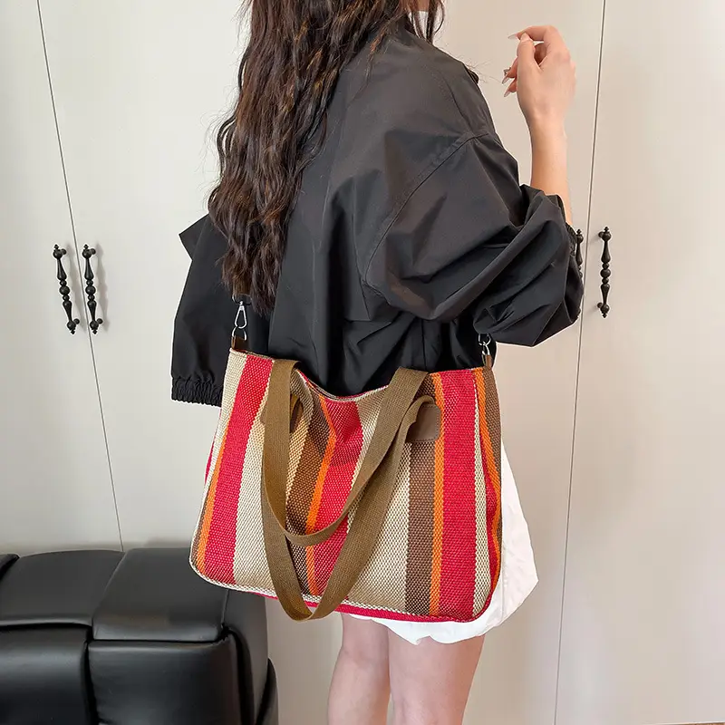 Striped Canvas Commuter Tote Bag for Women 2023 - Image 8