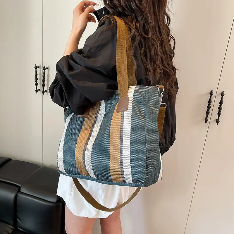 Striped Canvas Commuter Tote Bag for Women 2023 - Image 9
